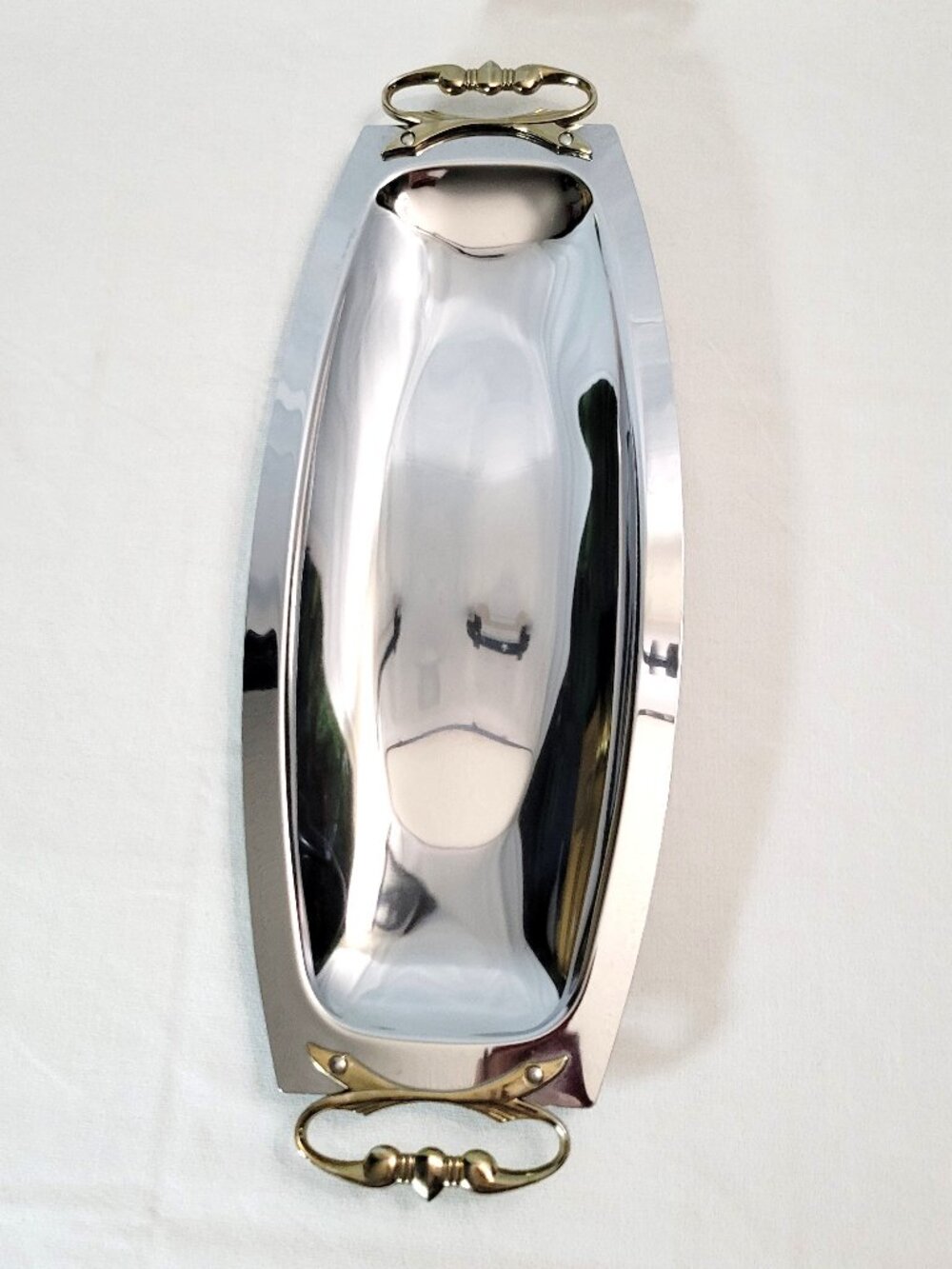 Vintage MCM Kromex Chrome Serving Tray Gold Tone Handles 17.25" Platter Retro
